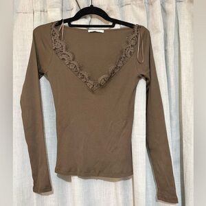 Zara Long Sleeve Lace-Trim V-Neck Top